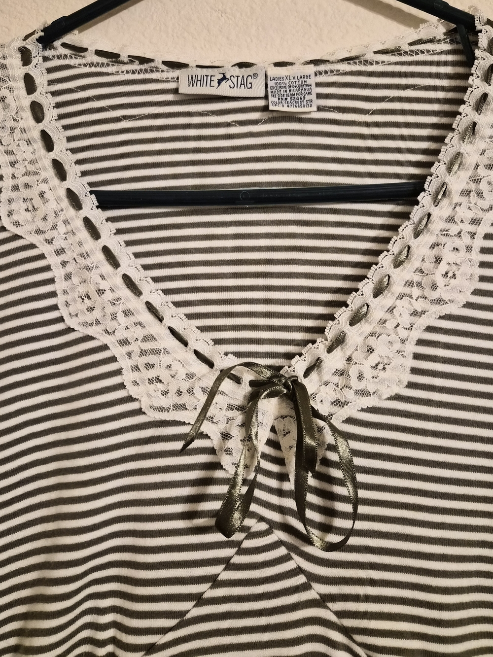 VTG Y2K White Stag Striped Lace Trim Ribbon Top XL Coquette Milkmaid